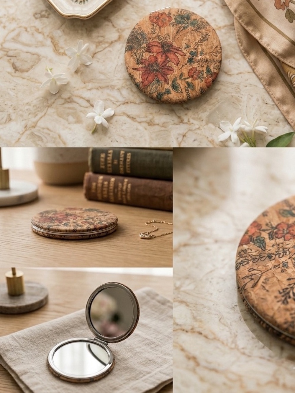 Floral Cork Compact Mirror - Tan Floral